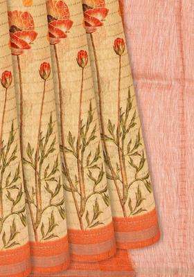 Yellow Handloom Linen Saree With Printed Floral Motifs Yellow For Women