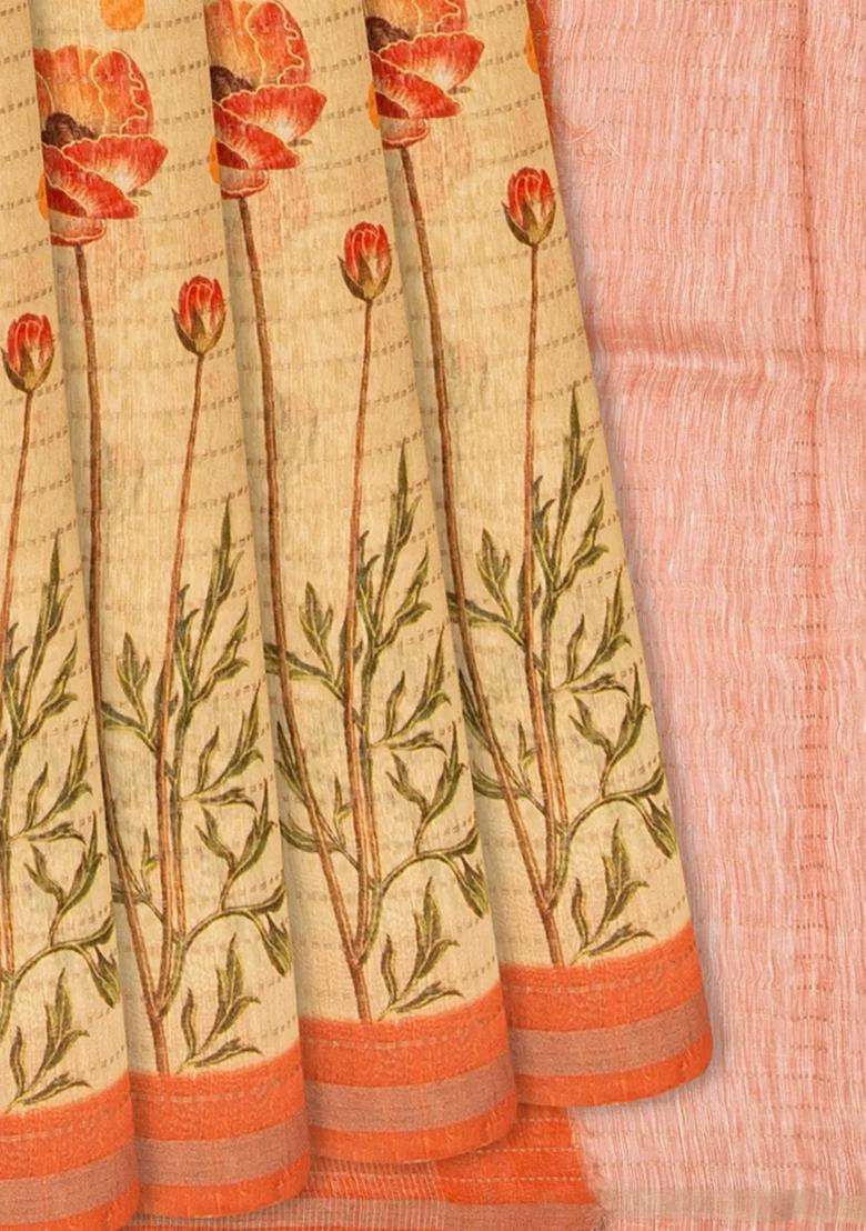 Yellow Handloom Linen Saree With Printed Floral Motifs Yellow For Women - Indya