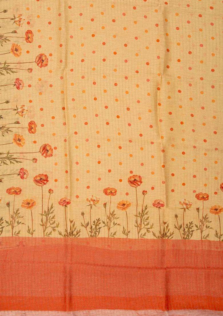 Yellow Handloom Linen Saree With Printed Floral Motifs Yellow For Women - Indya