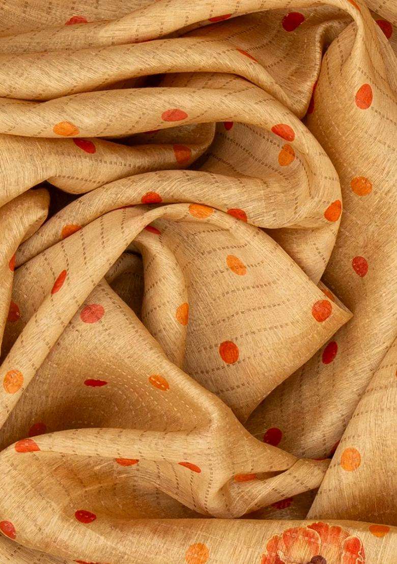 Yellow Handloom Linen Saree With Printed Floral Motifs Yellow For Women - Indya