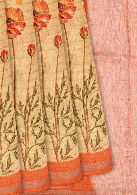 Yellow Handloom Linen Saree With Printed Floral Motifs Yellow For Women