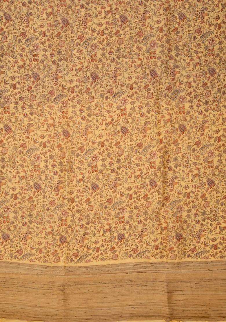 Sandal Handloom Linen Saree With Printed Floral Motifs Sandal For Women - Indya