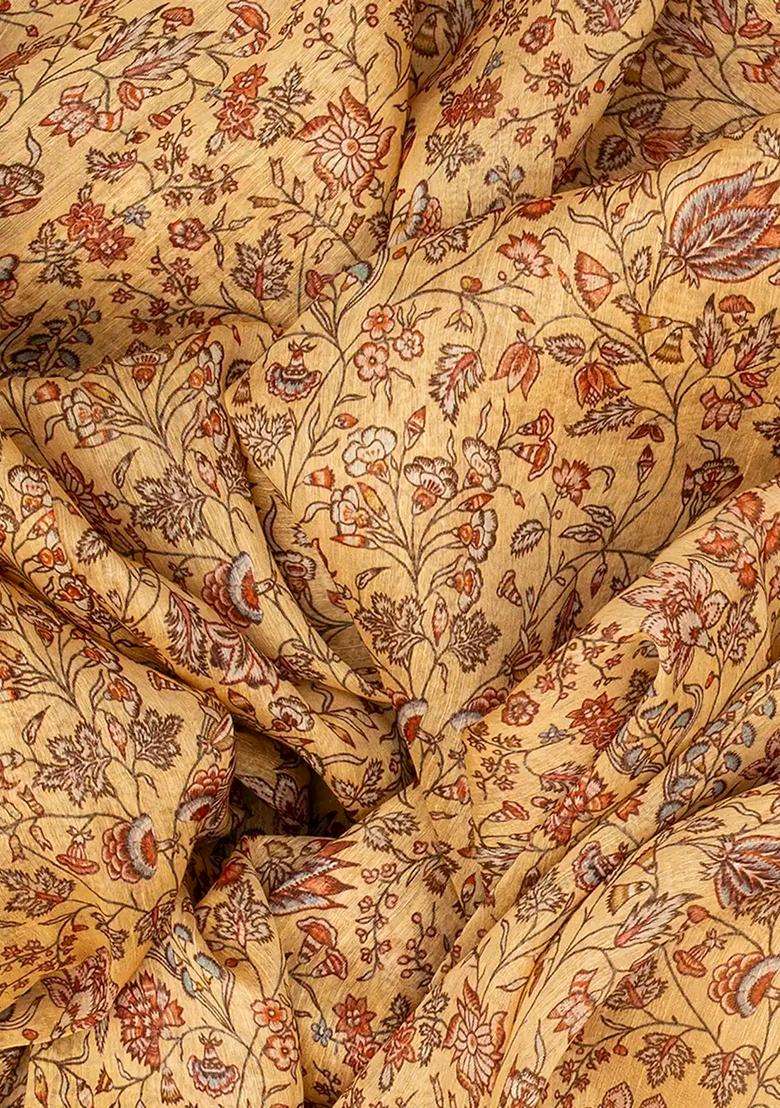 Sandal Handloom Linen Saree With Printed Floral Motifs Sandal For Women - Indya