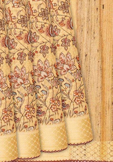 Sandal Handloom Linen Saree With Printed Floral Motifs Sandal For Women