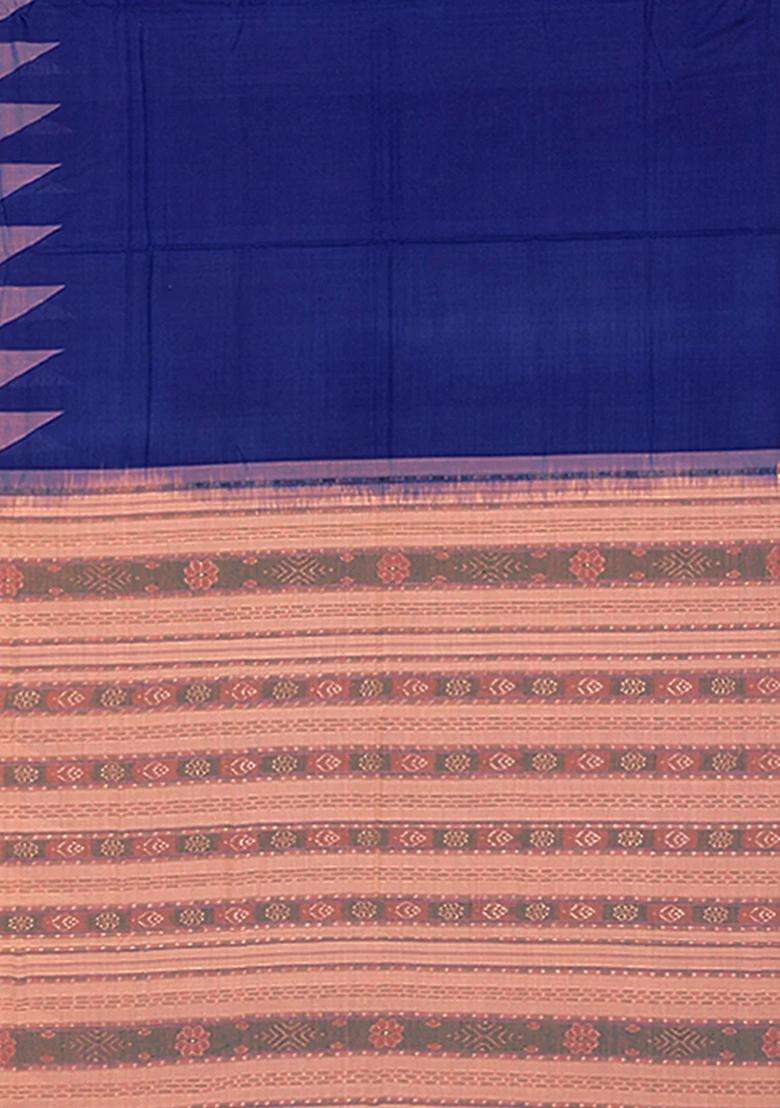 Blue Handwoven Orissa Cotton Saree With Dotted Stripes In Contrast Beige Border Pallu Blue With Checks And Stripes Design For Women - Indya