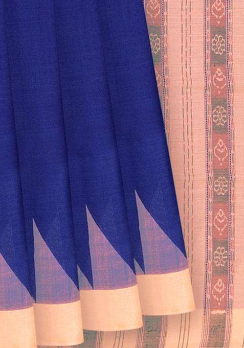 Blue Handwoven Orissa Cotton Saree With Dotted Stripes In Contrast Beige Border Pallu Blue With Checks And Stripes Design For Women