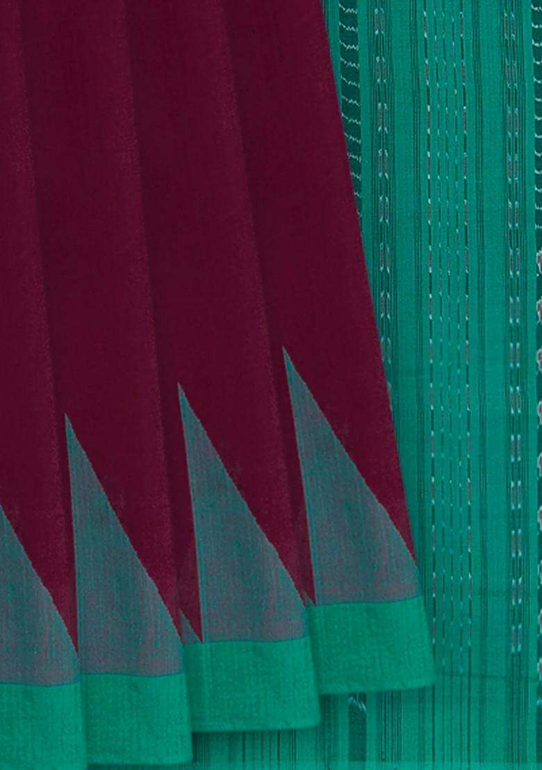 Pink Handwoven Orissa Cotton Saree With Dotted Stripes Micro Motifs In Contrast Aquamarine Pallu Border Pink With Checks And Stripes Design For Women - Indya