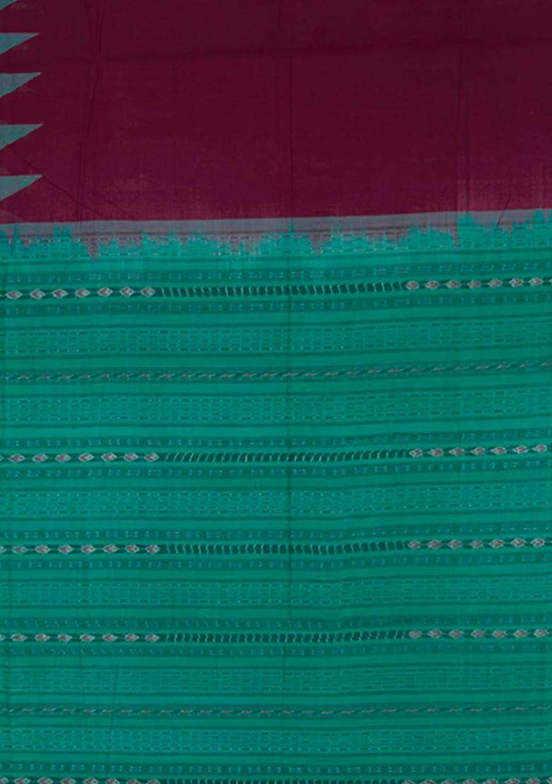 Pink Handwoven Orissa Cotton Saree With Dotted Stripes Micro Motifs In Contrast Aquamarine Pallu Border Pink With Checks And Stripes Design For Women - Indya