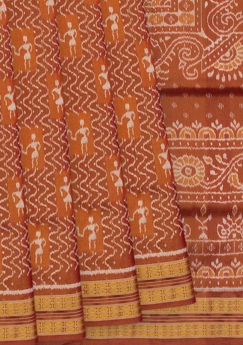 Rust Handloom Orissa Tissue Silk Saree With Tribal Motifs Rust With Printed Design For Women - Indya