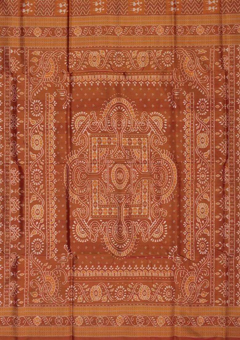 Rust Handloom Orissa Tissue Silk Saree With Tribal Motifs Rust With Printed Design For Women - Indya