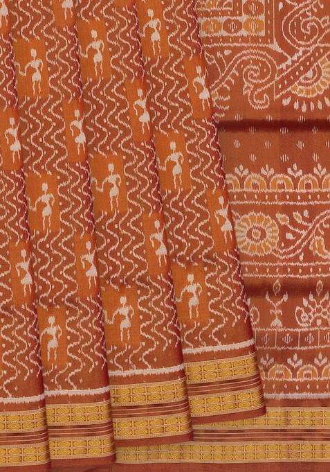 Rust Handloom Orissa Tissue Silk Saree With Tribal Motifs Rust With Printed Design For Women
