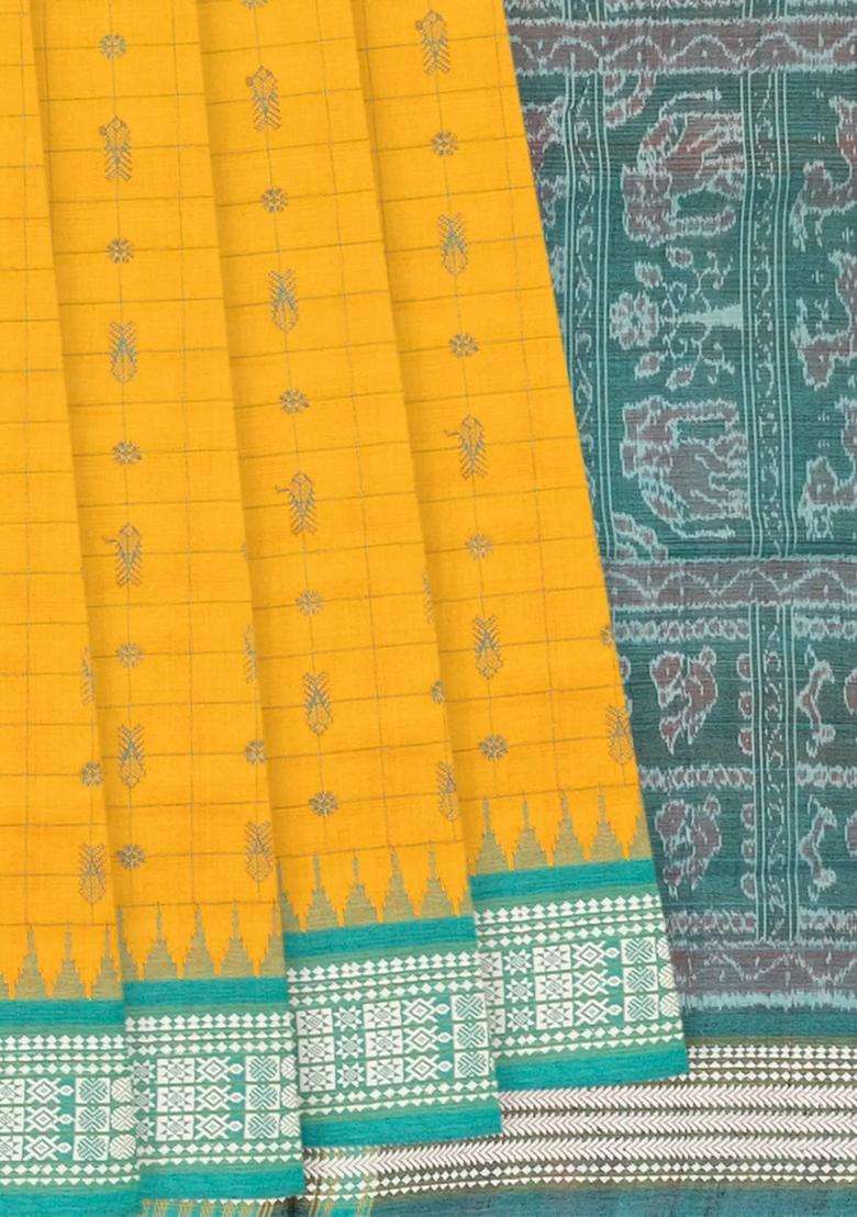 Mango Yellow Handloom Orissa Silk Tussar Saree With Checks Fish Motifs Mango Yellow With Checks And Stripes Design For Women - Indya