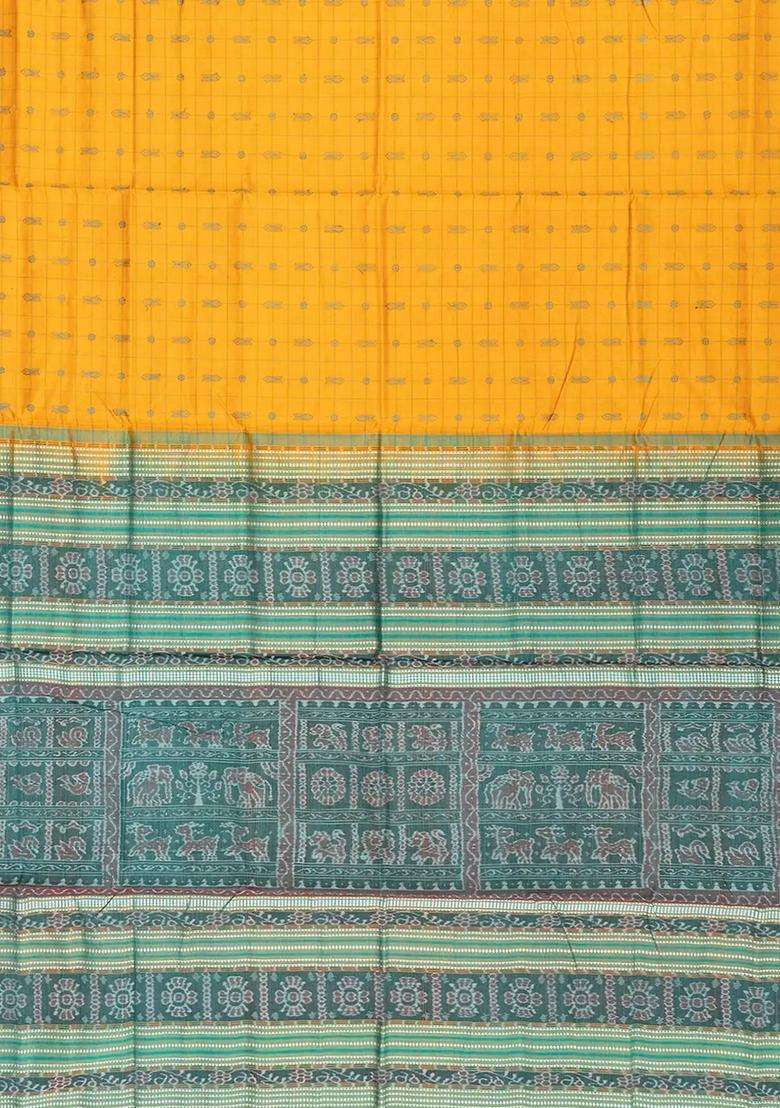 Mango Yellow Handloom Orissa Silk Tussar Saree With Checks Fish Motifs Mango Yellow With Checks And Stripes Design For Women - Indya