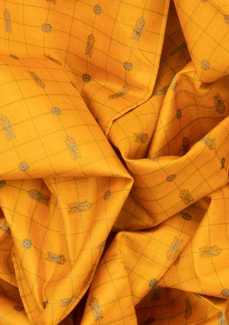 Mango Yellow Handloom Orissa Silk Tussar Saree With Checks Fish Motifs Mango Yellow With Checks And Stripes Design For Women - Indya