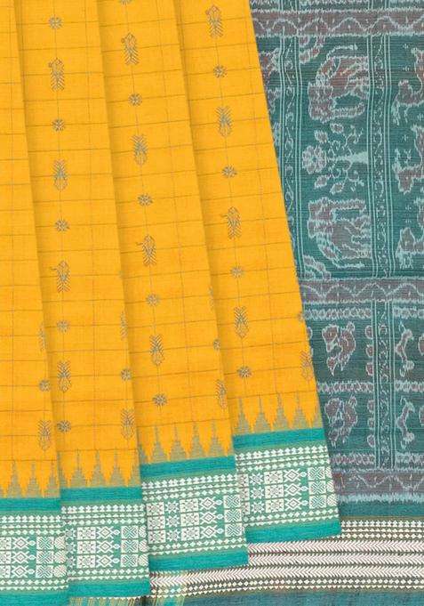 Mango Yellow Handloom Orissa Silk Tussar Saree With Checks Fish Motifs Mango Yellow With Checks And Stripes Design For Women