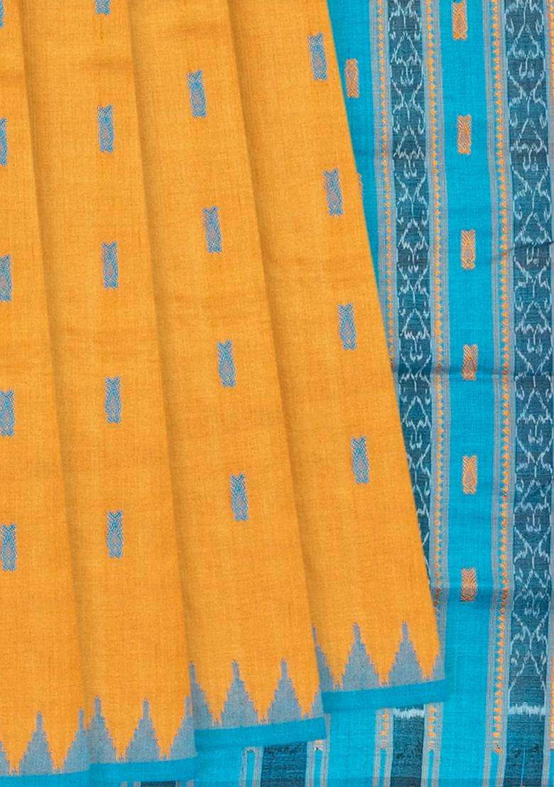 Mango Yellow Handloom Orissa Silk Tussar Saree With Butta Turquoise Pallu Mango Yellow With Buttas And Brocade Design For Women - Indya