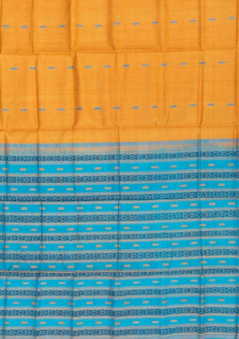 Mango Yellow Handloom Orissa Silk Tussar Saree With Butta Turquoise Pallu Mango Yellow With Buttas And Brocade Design For Women - Indya