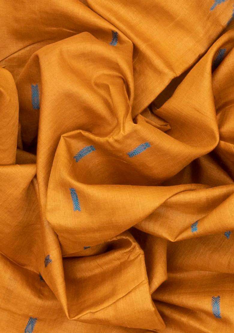Mango Yellow Handloom Orissa Silk Tussar Saree With Butta Turquoise Pallu Mango Yellow With Buttas And Brocade Design For Women - Indya