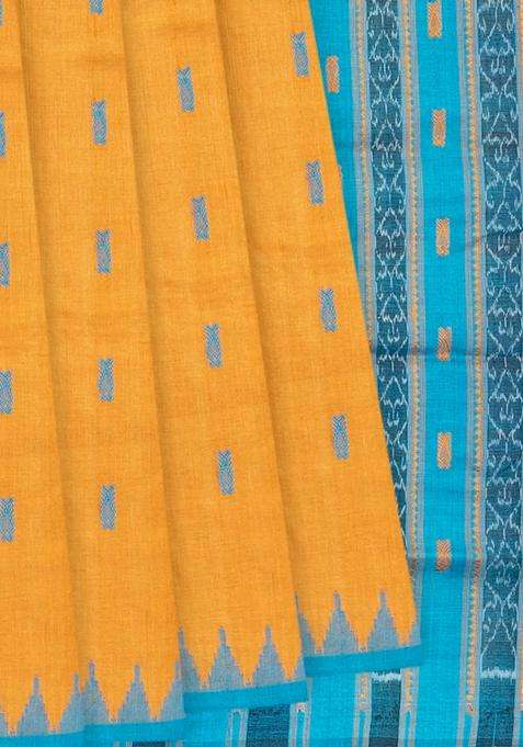 Mango Yellow Handloom Orissa Silk Tussar Saree With Butta Turquoise Pallu Mango Yellow With Buttas And Brocade Design For Women