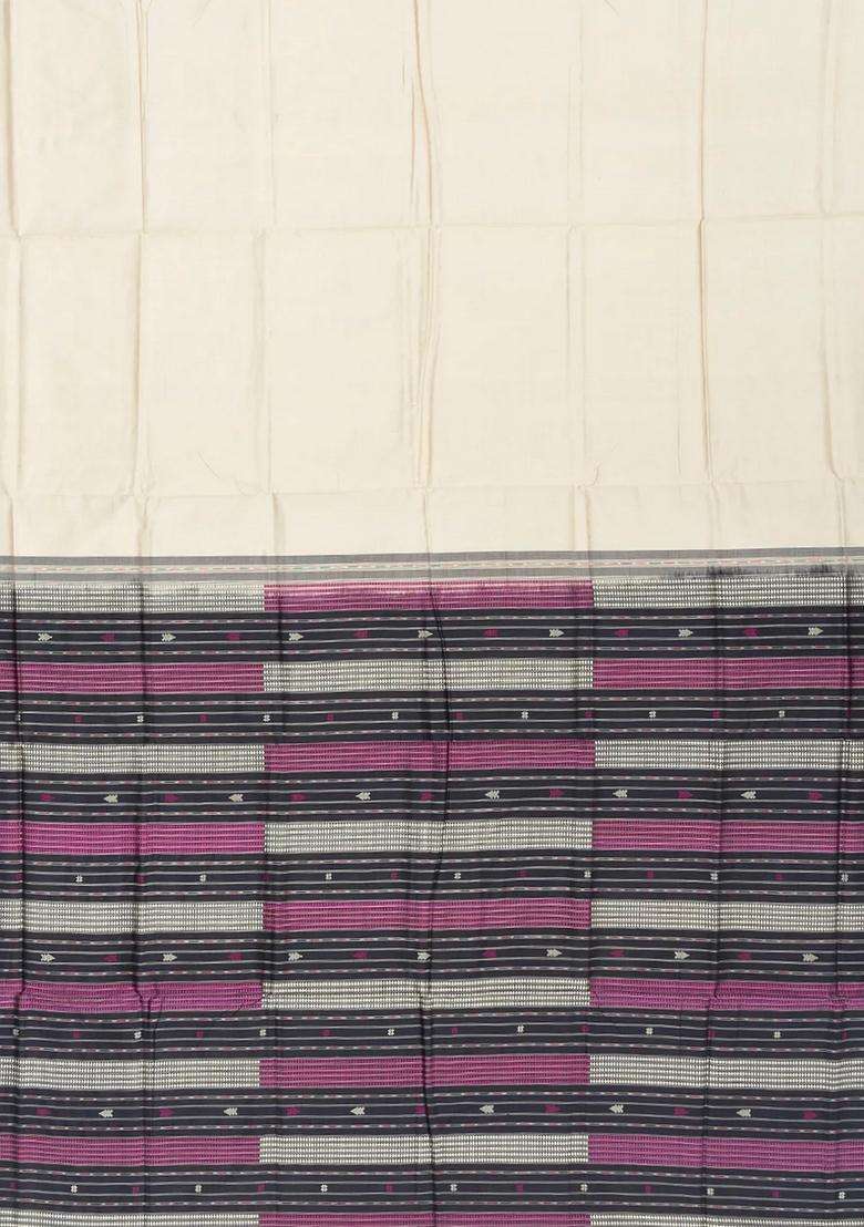 Cream Handloom Orissa Silk Saree With Temple Border Stripped Pallu Cream With Korvai And Temple Border Design For Women - Indya