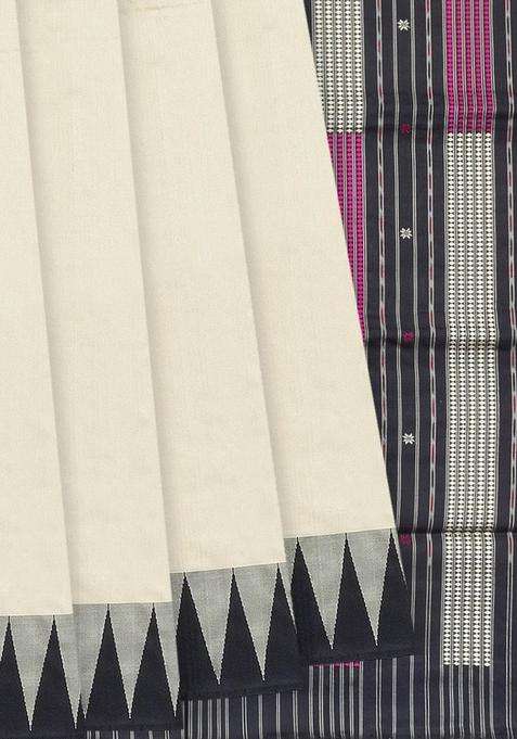 Cream Handloom Orissa Silk Saree With Temple Border Stripped Pallu Cream With Korvai And Temple Border Design For Women