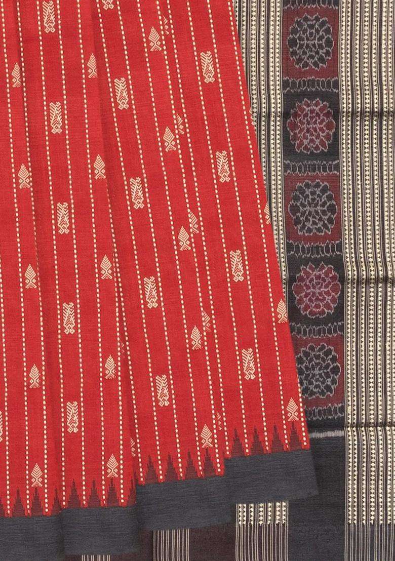 Red Handloom Orissa Silk Tussar Saree With Spearhead Motifs Stripes Red With Checks And Stripes Design For Women - Indya