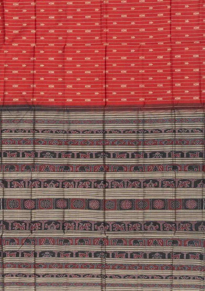 Red Handloom Orissa Silk Tussar Saree With Spearhead Motifs Stripes Red With Checks And Stripes Design For Women - Indya