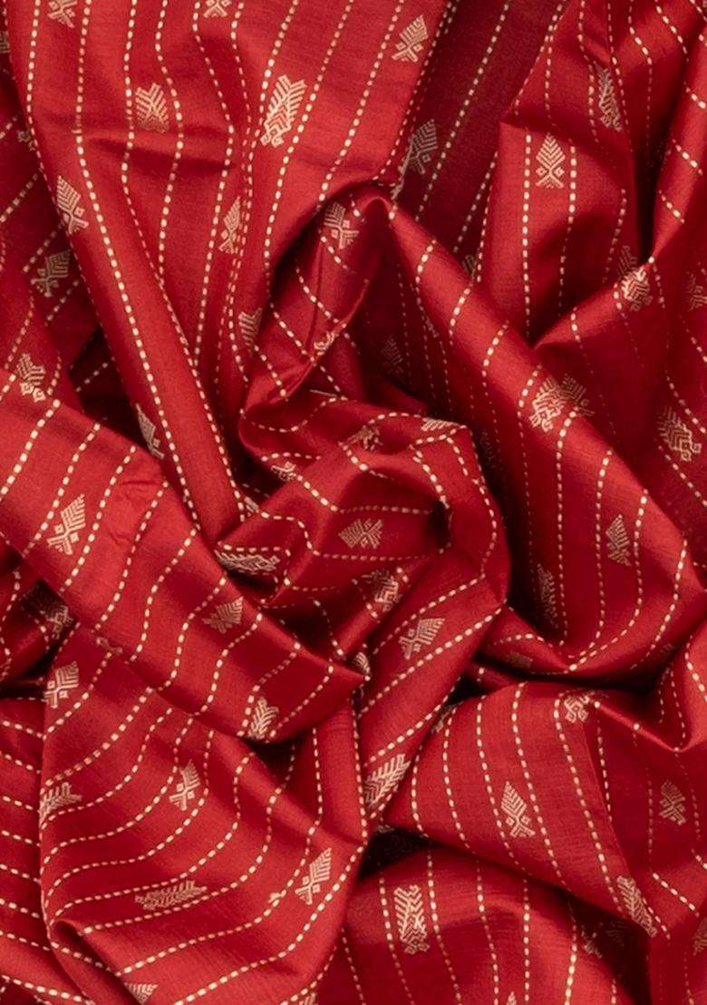Red Handloom Orissa Silk Tussar Saree With Spearhead Motifs Stripes Red With Checks And Stripes Design For Women - Indya