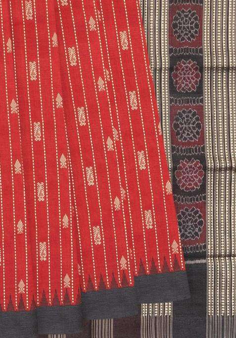 Red Handloom Orissa Silk Tussar Saree With Spearhead Motifs Stripes Red With Checks And Stripes Design For Women