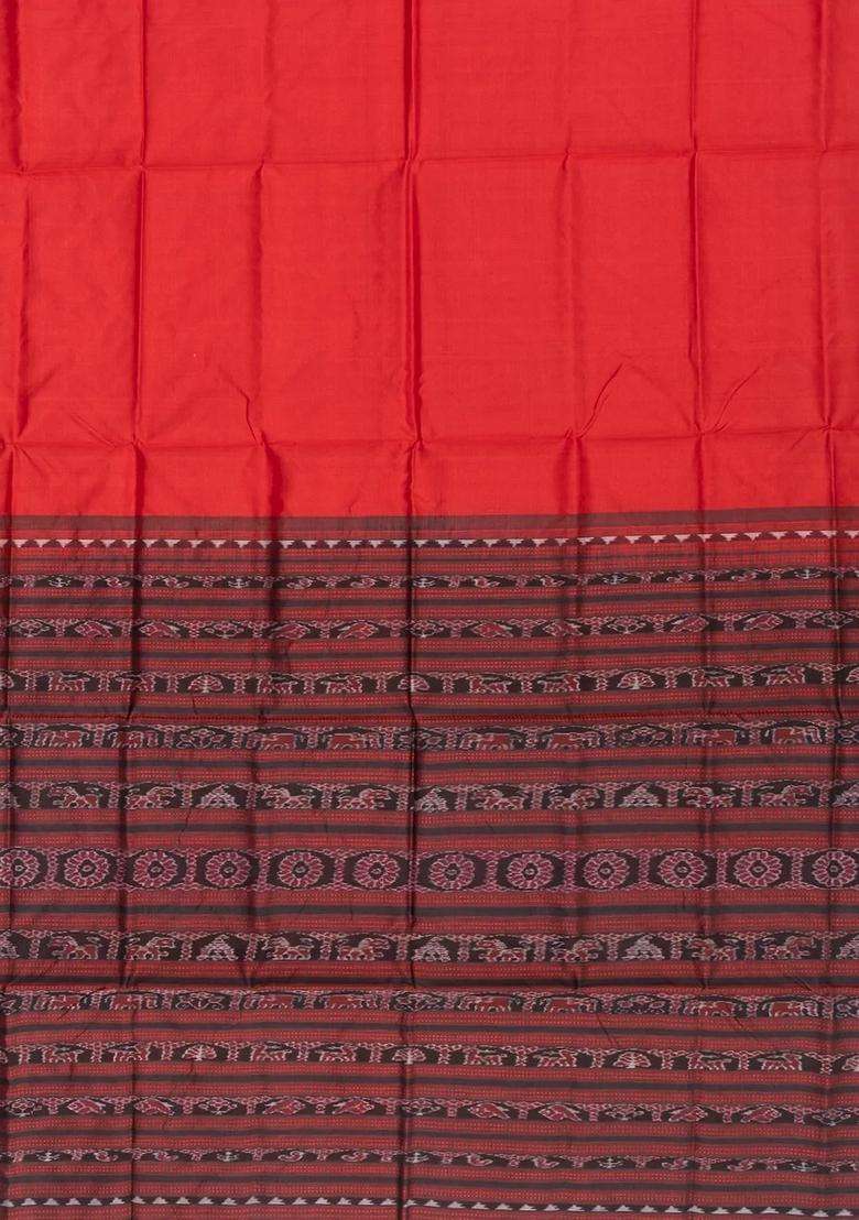 Red Handloom Orissa Silk Tussar Saree With Elephant Floral Motifs In Pallu Red With Traditional Woven Design For Women - Indya