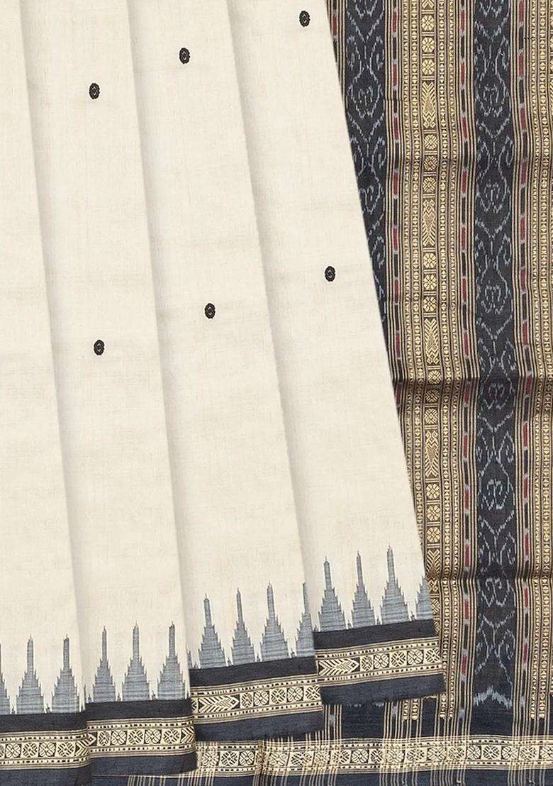 Cream Handloom Orissa Silk Tussar Saree With Floral Motifs Contrast Grey Border Cream With Buttas And Brocade Design For Women - Indya