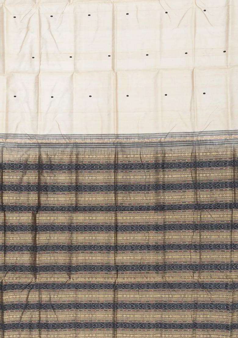 Cream Handloom Orissa Silk Tussar Saree With Floral Motifs Contrast Grey Border Cream With Buttas And Brocade Design For Women - Indya