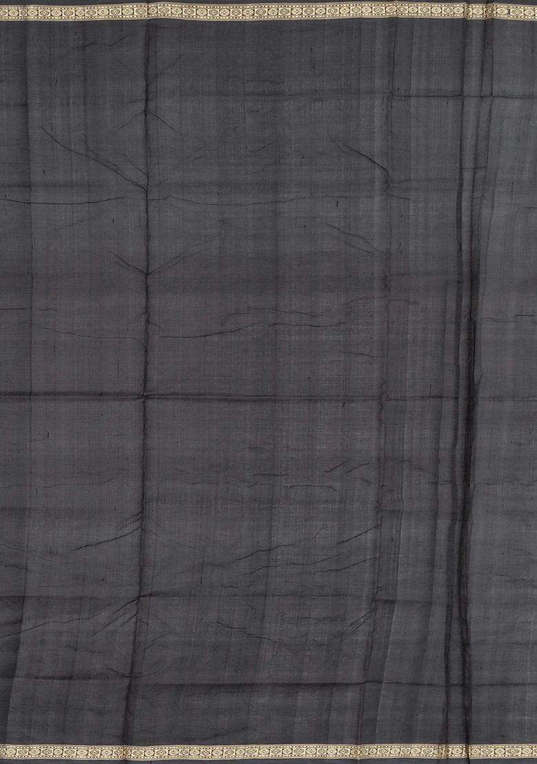 Cream Handloom Orissa Silk Tussar Saree With Floral Motifs Contrast Grey Border Cream With Buttas And Brocade Design For Women - Indya