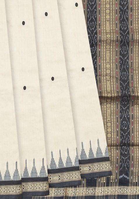 Cream Handloom Orissa Silk Tussar Saree With Floral Motifs Contrast Grey Border Cream With Buttas And Brocade Design For Women