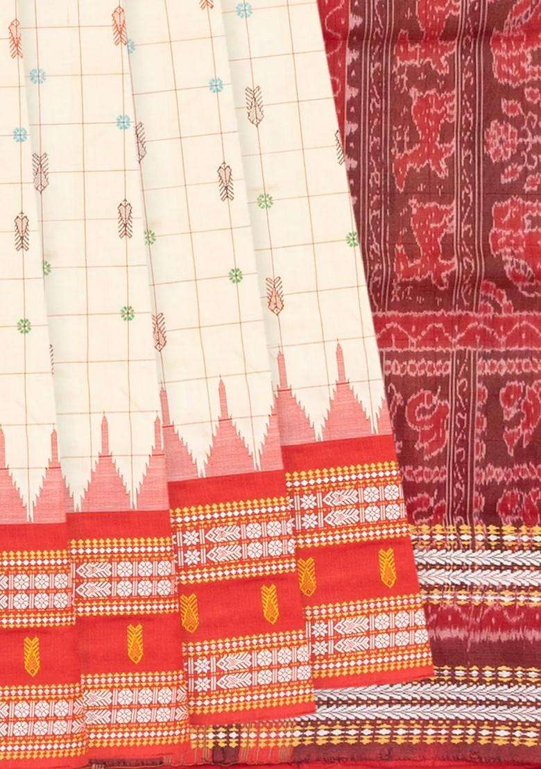 Cream Handloom Orissa Silk Tussar Saree With Checks Contrast Red Border Cream With Checks And Stripes Design For Women - Indya