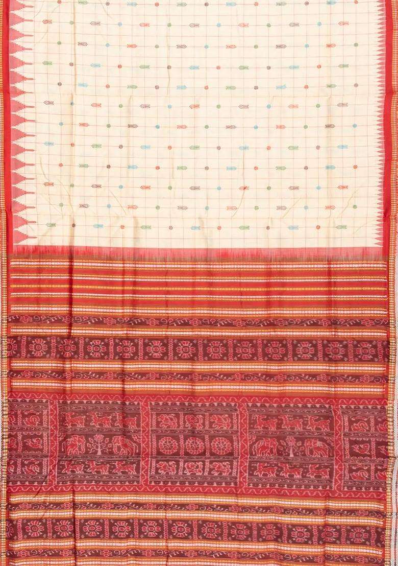 Cream Handloom Orissa Silk Tussar Saree With Checks Contrast Red Border Cream With Checks And Stripes Design For Women - Indya