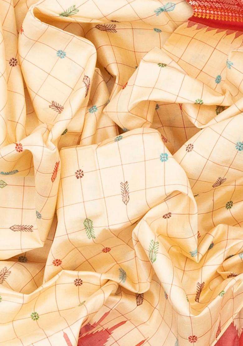 Cream Handloom Orissa Silk Tussar Saree With Checks Contrast Red Border Cream With Checks And Stripes Design For Women - Indya