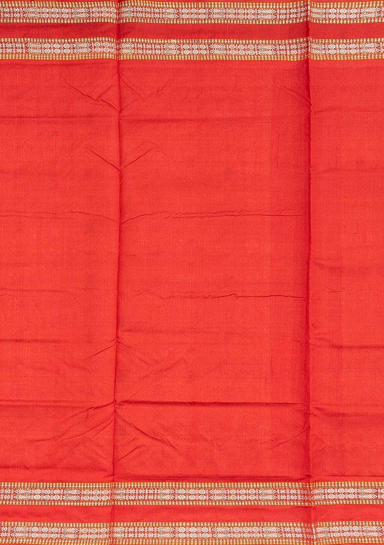 Cream Handloom Orissa Silk Tussar Saree With Checks Contrast Red Border Cream With Checks And Stripes Design For Women - Indya