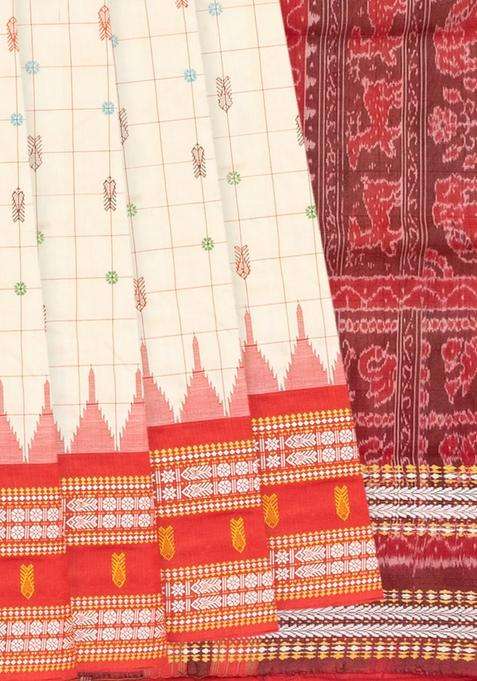 Cream Handloom Orissa Silk Tussar Saree With Checks Contrast Red Border Cream With Checks And Stripes Design For Women