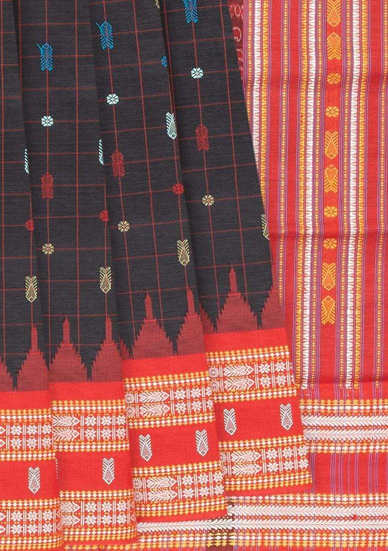Black Handloom Orissa Silk Tussar Saree With Checks Contrast Red Border Black With Checks And Stripes Design For Women - Indya