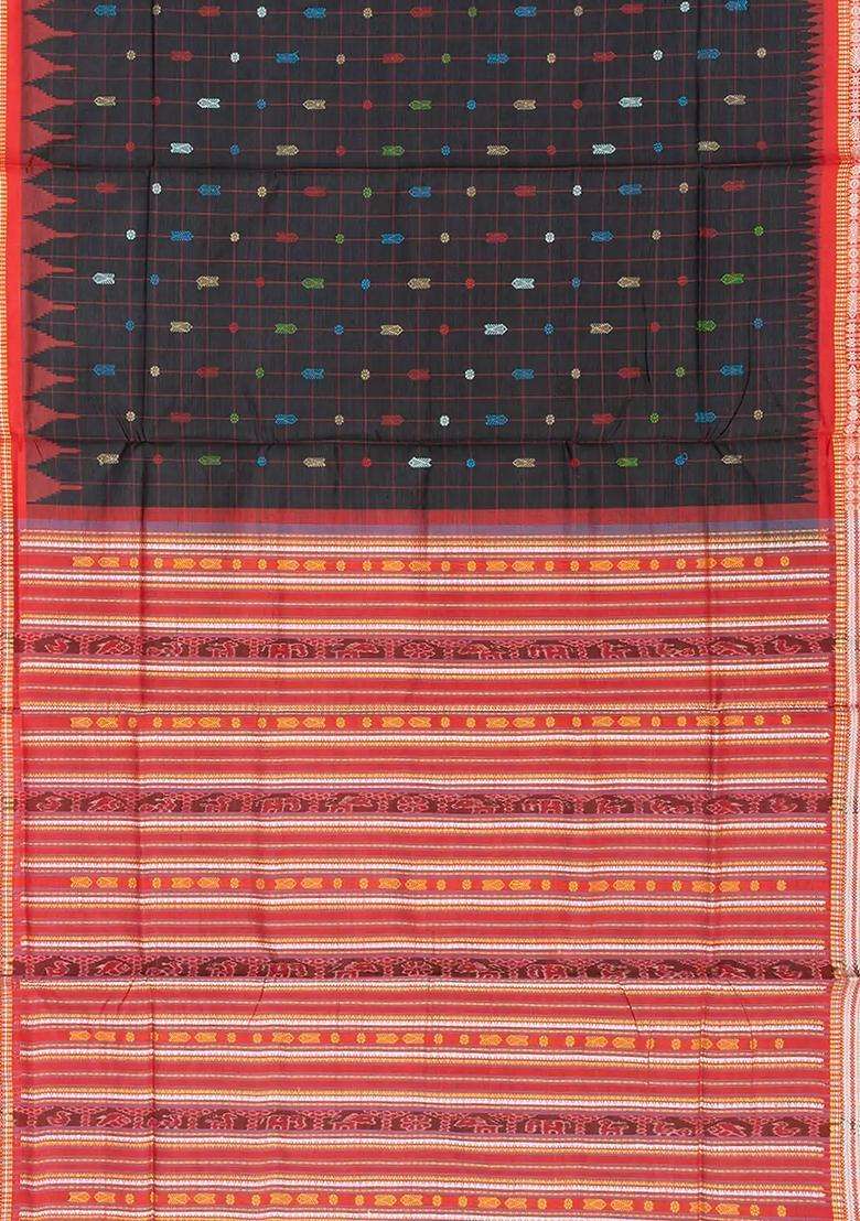 Black Handloom Orissa Silk Tussar Saree With Checks Contrast Red Border Black With Checks And Stripes Design For Women - Indya