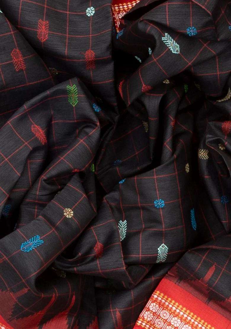 Black Handloom Orissa Silk Tussar Saree With Checks Contrast Red Border Black With Checks And Stripes Design For Women - Indya