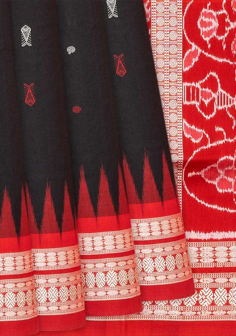 Black Handloom Orissa Ikat Silk Saree With Red Border Black With Printed Design For Women - Indya