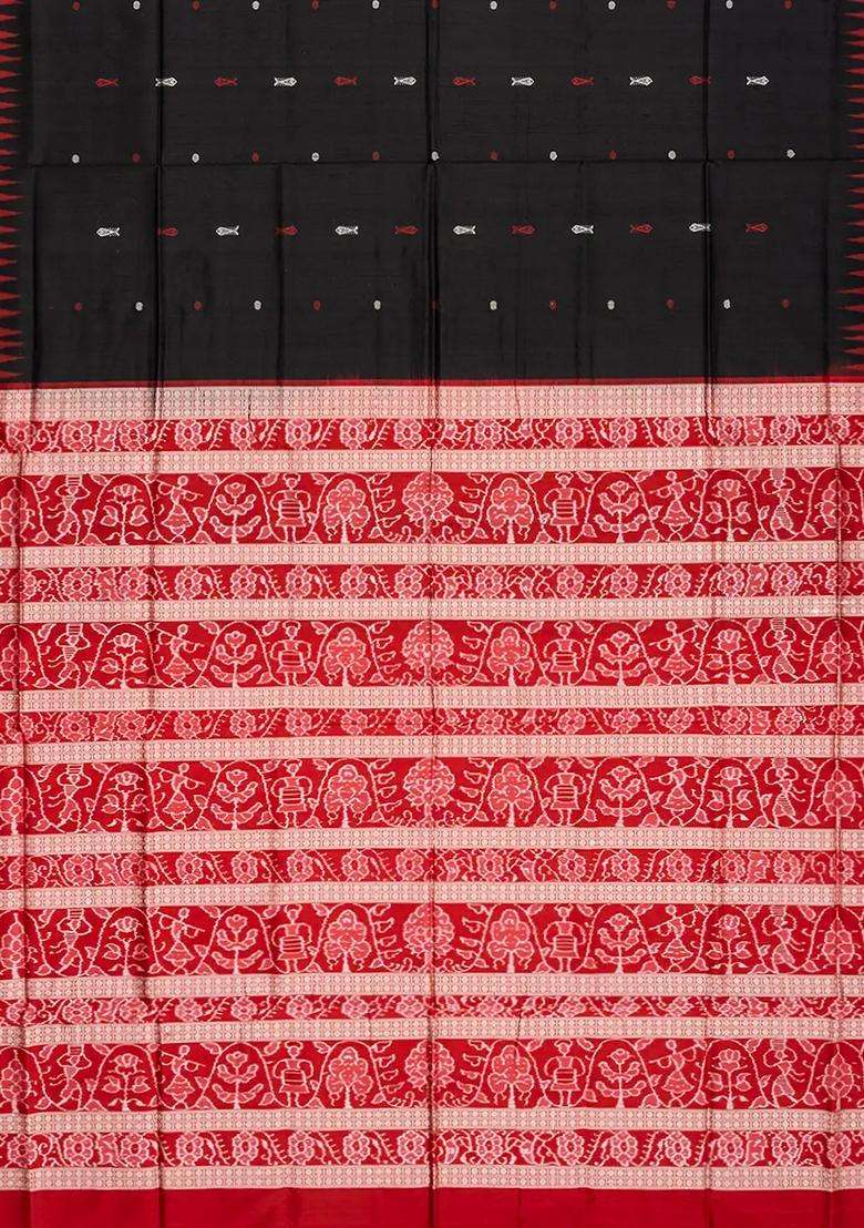 Black Handloom Orissa Ikat Silk Saree With Red Border Black With Printed Design For Women - Indya