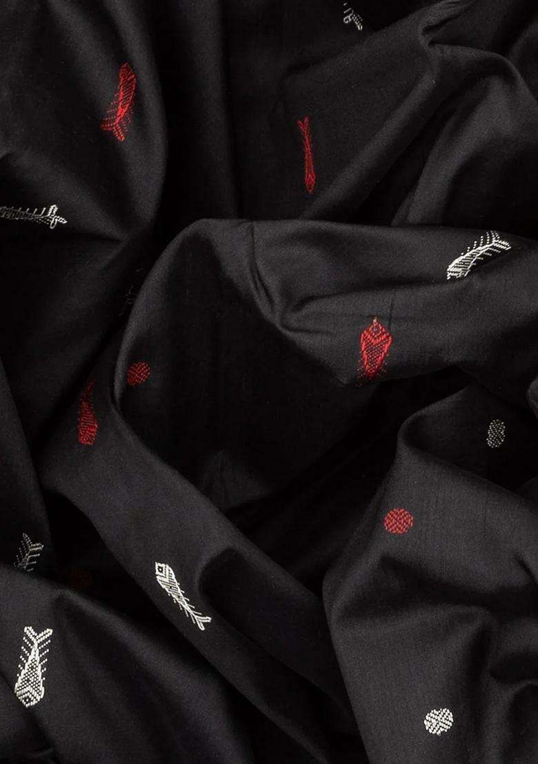 Black Handloom Orissa Ikat Silk Saree With Red Border Black With Printed Design For Women - Indya