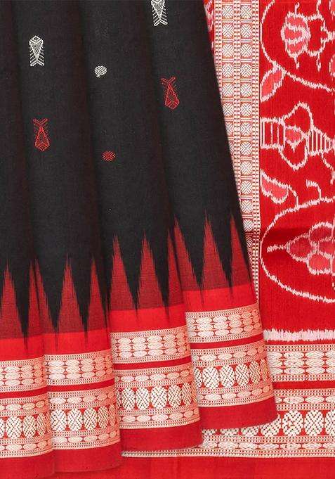 Black Handloom Orissa Ikat Silk Saree With Red Border Black With Printed Design For Women