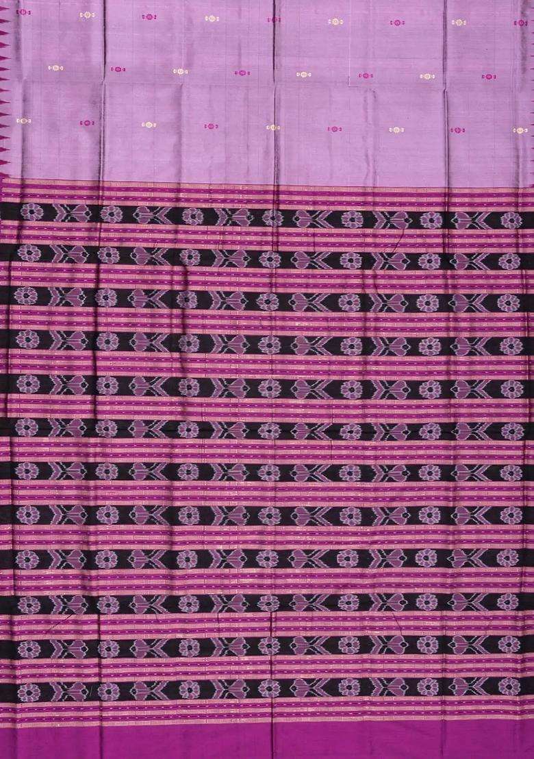 Lavender Handloom Orissa Ikat Silk Saree With Pink Border Lavander With Printed Design For Women - Indya