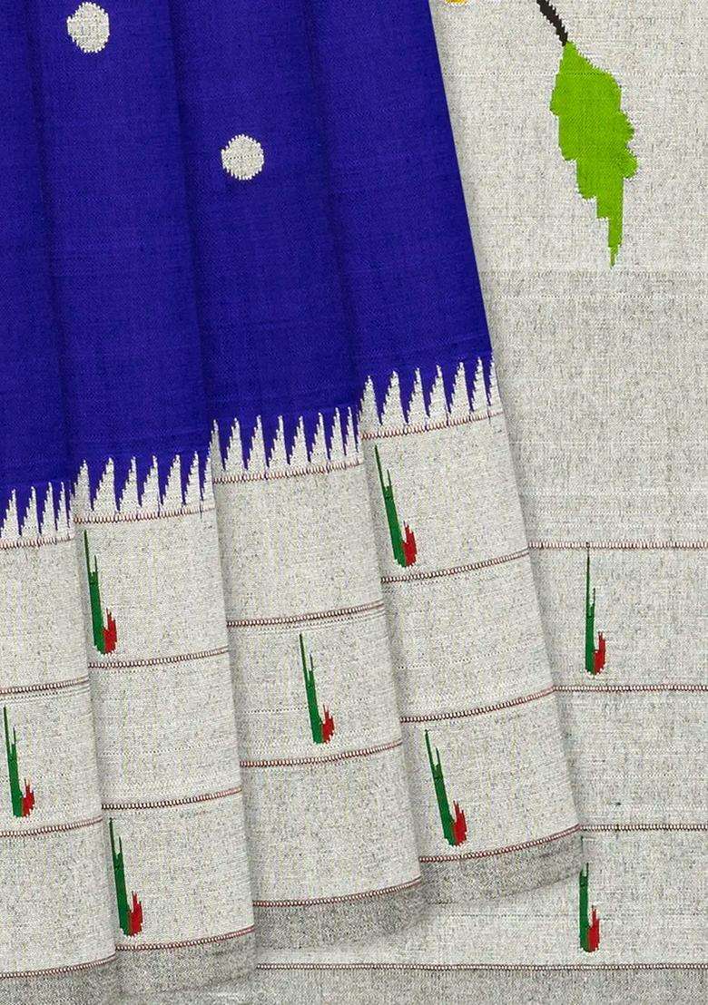 Violet Handloom Paithani Silk Saree With Coin Buttas Muniya Motifs In Border Violet With Buttas And Brocade Design For Women - Indya