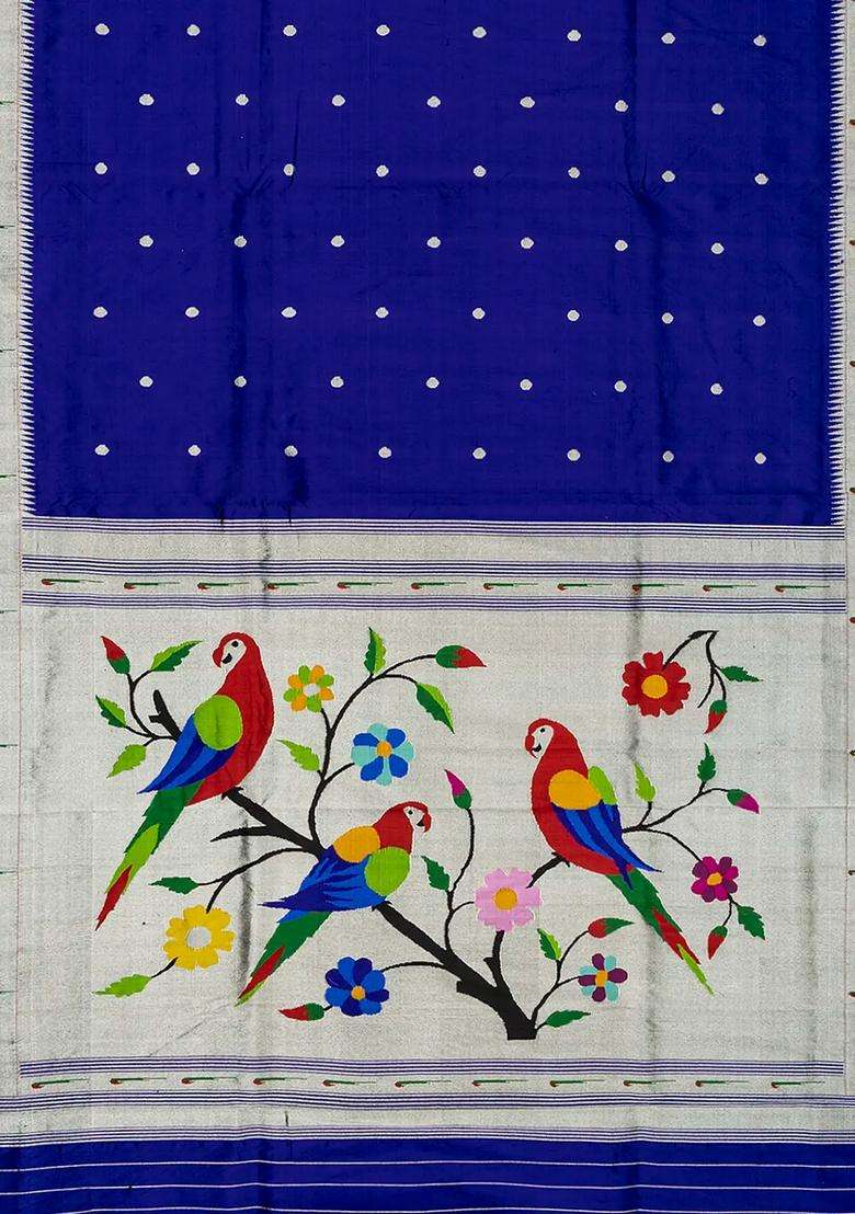 Violet Handloom Paithani Silk Saree With Coin Buttas Muniya Motifs In Border Violet With Buttas And Brocade Design For Women - Indya