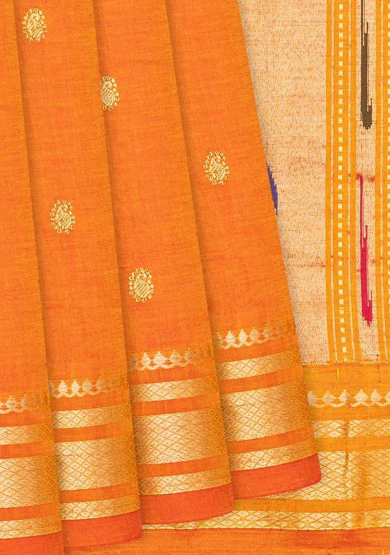 Orange Handloom Paithani Cotton Saree With Mango Buttas Orange With Buttas And Brocade Design For Women - Indya